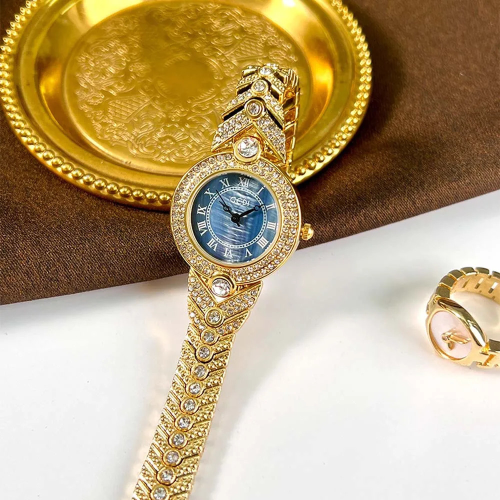 GEDI Womens Vintage Full Diamond Watch - Blue Mother-of-Pearl Dial Quartz Wristwatch Small Elegant 250606