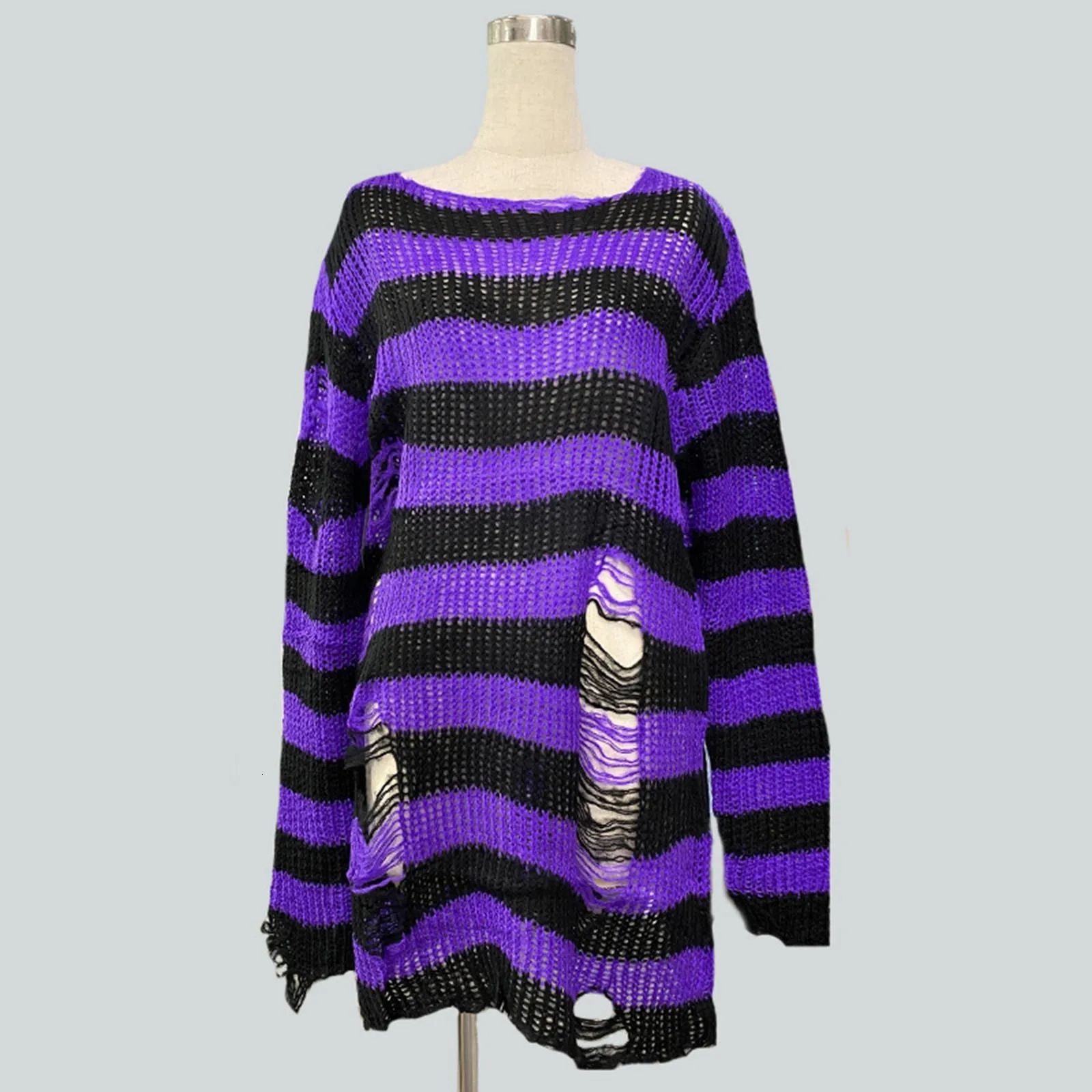 Loose Oversized Striped Sweater For Women Mid Length Pullover With Holes Lightweight Knitwear Black Red Stripe Gothic 250530