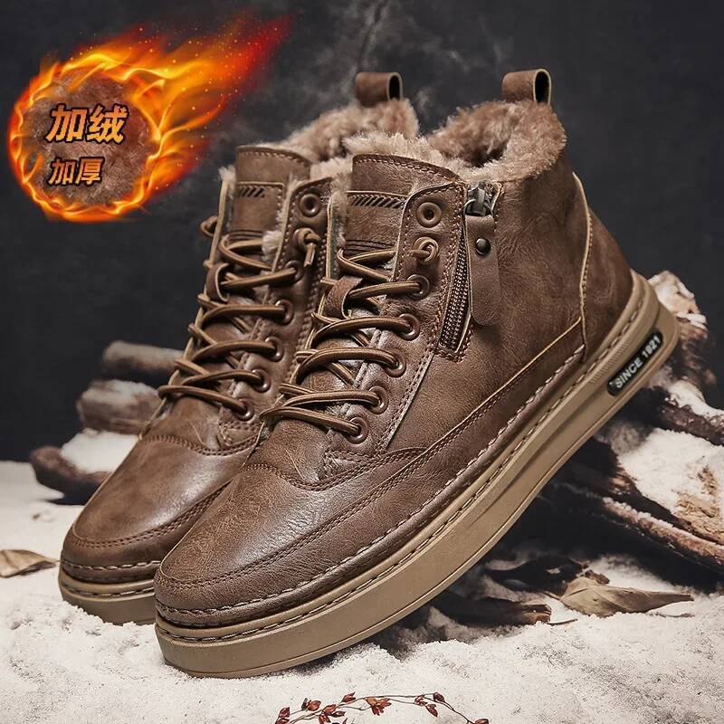 Ddmyoutdoor Leather Men S Boots Winter Platform Warm Fur Ankle Short Lace Up Fashion Novelty Concise Casual Work Shoes Botas Outdoor Shoes