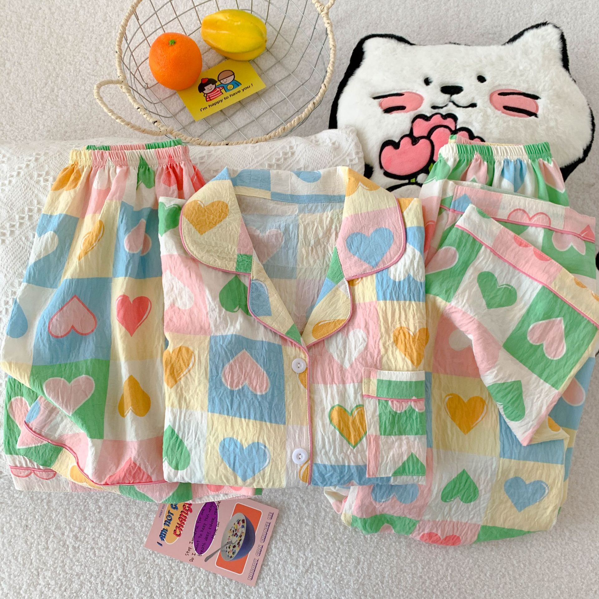 B915-Summer new cloud cotton three-piece suit cartoon lapel short-sleeved shorts trousers home clothes women's pajamas suit