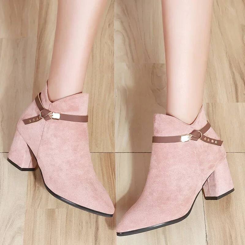 Ddmyoutdoor Fashion Women Casual Leather Low High Heels Spring Shoes Woman Pointed Toe Rubber Ankle Boots Black Red Zapatos Mujer Outdoor Shoes