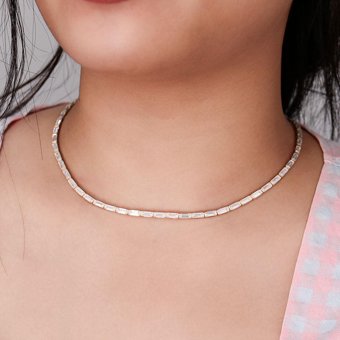 Provence Jewelry Custom Fashion Female Gift Jewelry 2.5mm Solid14K Yellow Gold DEF VVS Lab Grown Diamond Baguette Tennis Necklace for Valentine's