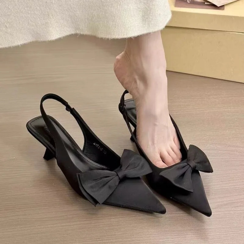 Elegant High Heels Womens Shoes Summer Black Shallow Mouth Pointed Toe Bow Slingbacks Party Office Lady Sandals 250605