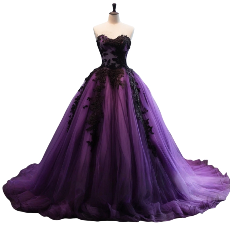 Purple And Black Gothic Wedding Dresses With Lace Appliques Sweetheart Sleeveless Long Tulle Bridal Gown 2025 Vintage vestido De Novia