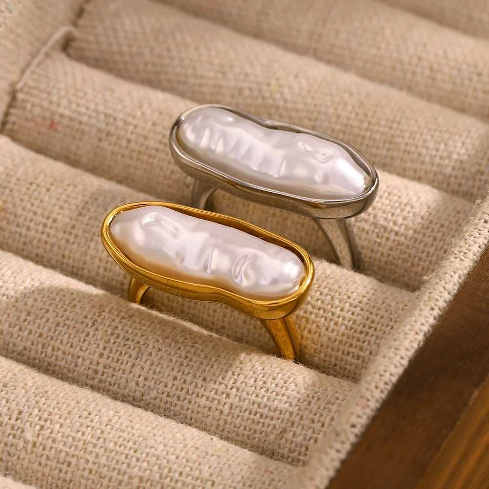 The.Muses Irregular Long Imitation Pearl Stainless Steel Womens Ring Fashionable Waterproof 18K Gold-plated Jewelry Gift W250606