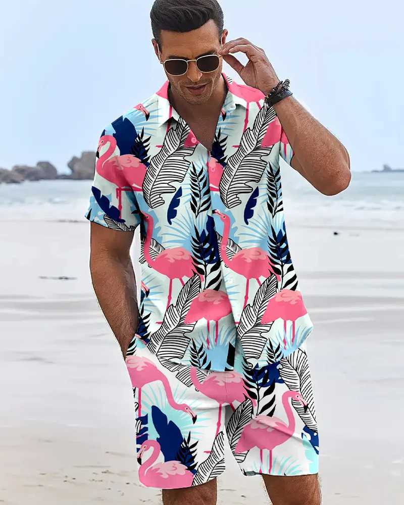 New Summer Flamingo Print Mens Short Sleeve Shirt Hawaii Mens Sports Shorts Summer y2k Mens Casual Shirt and Beach Shorts Set W250609