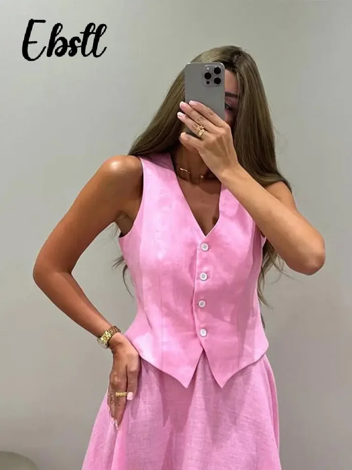 Solid Single Breasted Vest Skirts Suit Womens V-neck Sleeveless Waistcoat Loose Long Skirt 2025 Summer Lady Casual Outfit 250605