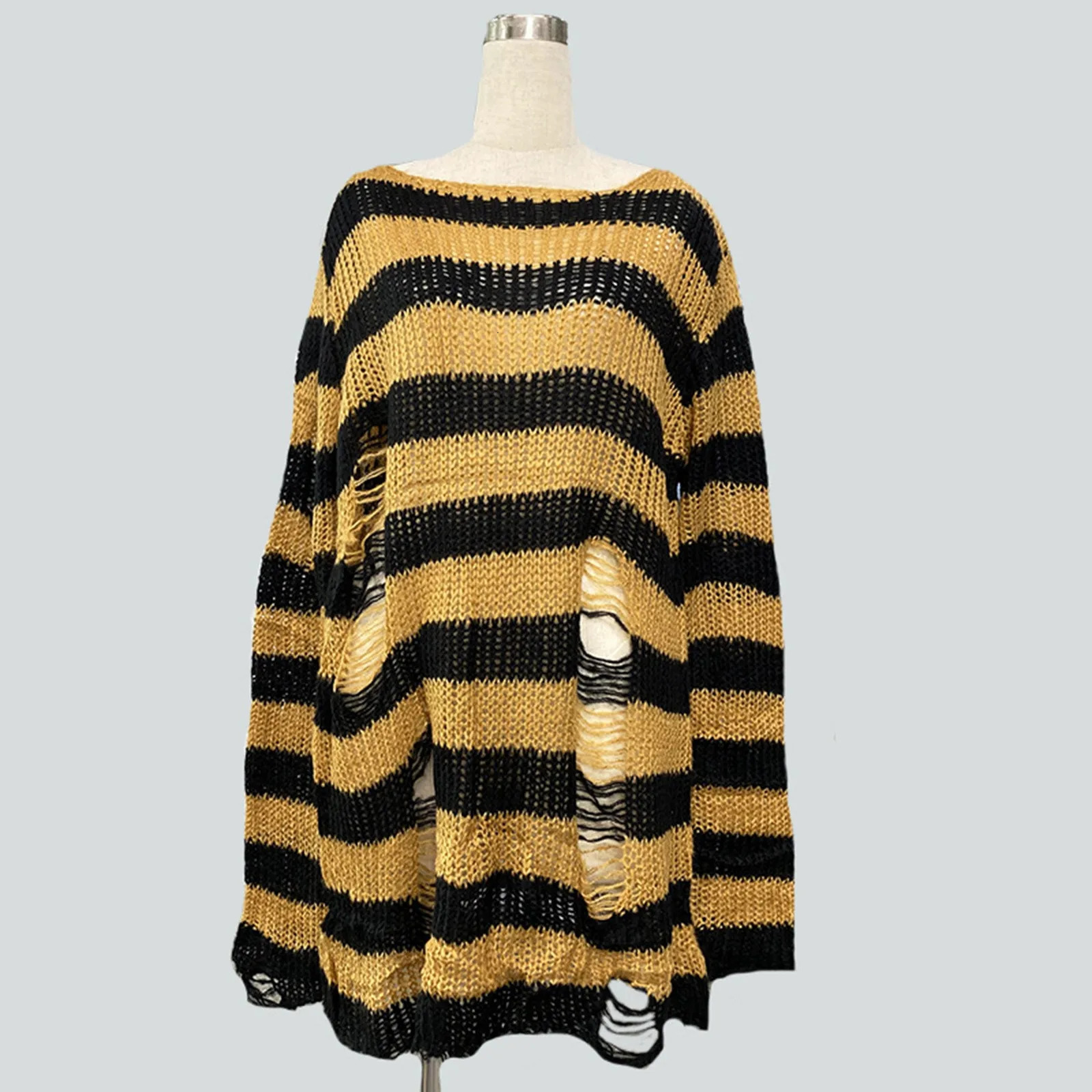 Loose Oversized Striped Sweater For Women Mid Length Pullover With Holes Lightweight Knitwear Black Red Stripe Gothic 250530