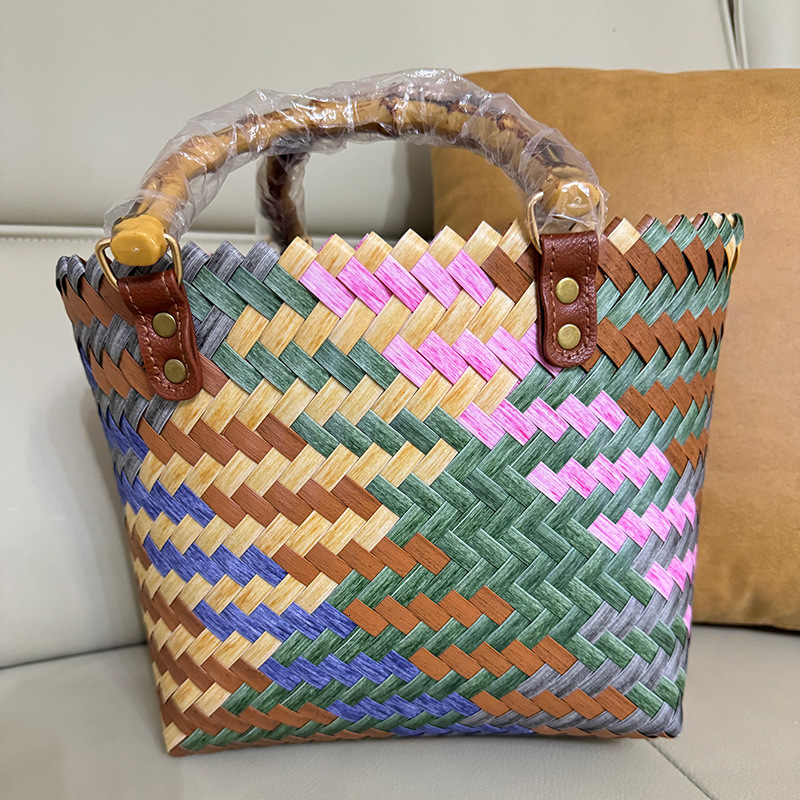 Factory Wholesale Colorful Imitation Rattan Woven Straw Bag Vintage Imitation Bamboo Handle Handmade Woven Bag Handbag Women's Bag