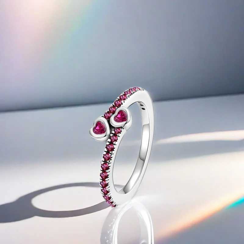 New 925 Silver Ring Zircon Shining Red Double Love Ring Original S925 Finger Wedding Ring DIY Women Fine Jewelry Gift XJ250606