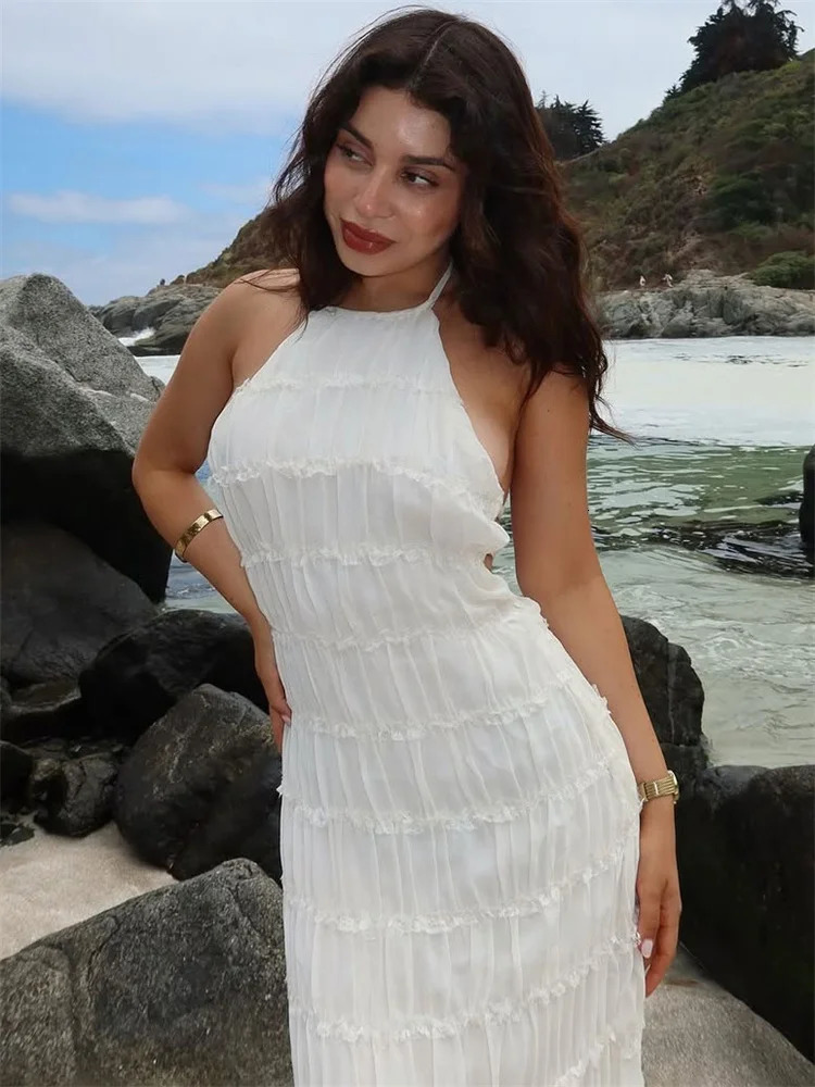 Tossy Spring Fashion Patchwork Long Dress For Women Lace-Up Backless High Waist Solid Holiday Beach Dress Ladies Maxi Dress 2025 250605