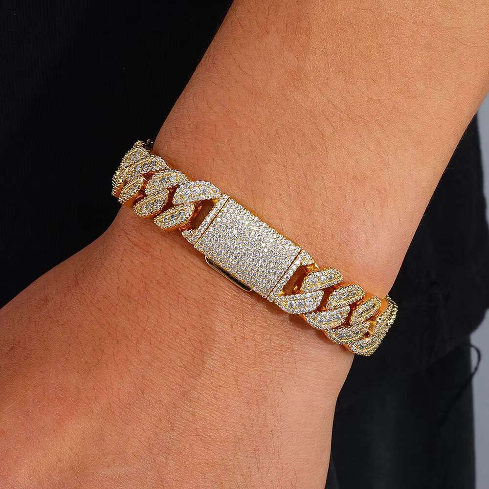 14mm Flip Button S925 Silver Moissanite Cuban Chain Mens Bracelet Trend Accessories