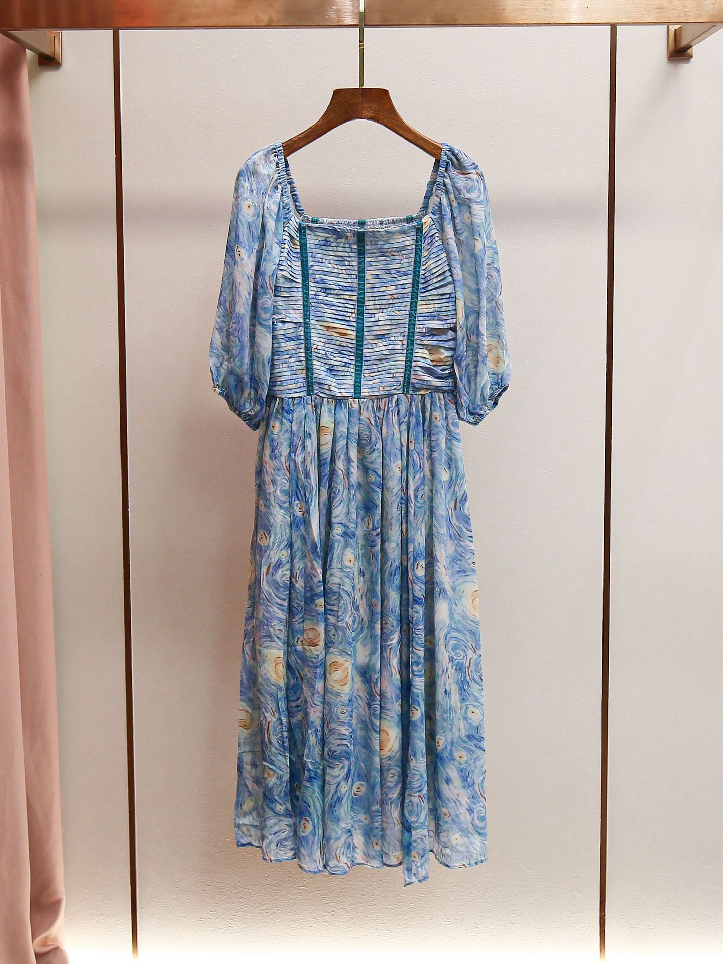 XR170 French elegant retro holiday style square neck waist print long dress