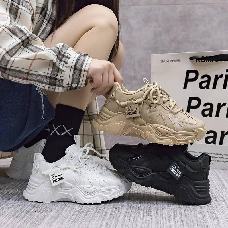 ddmyoutdoor New Women S Platform Autumn Leather Versatile Black Casual Sneaker Solid Color Lace Up Vulcanize Shoes Tenis Feminino Outdoor Outdoor Shoe