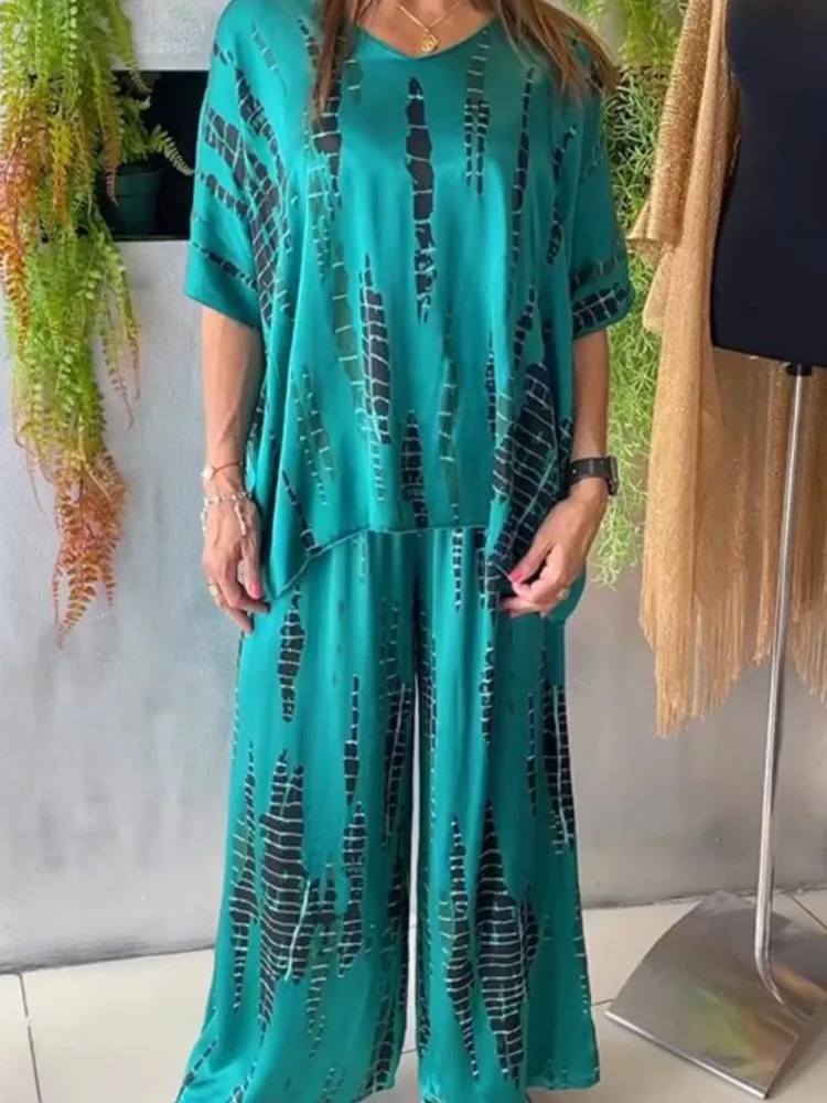Summer Casual Vintage Printed V-neck Short Sleeve top Wide Leg Pants Suit Women Fashion Two Piece Set Comfortable Outfits 250605