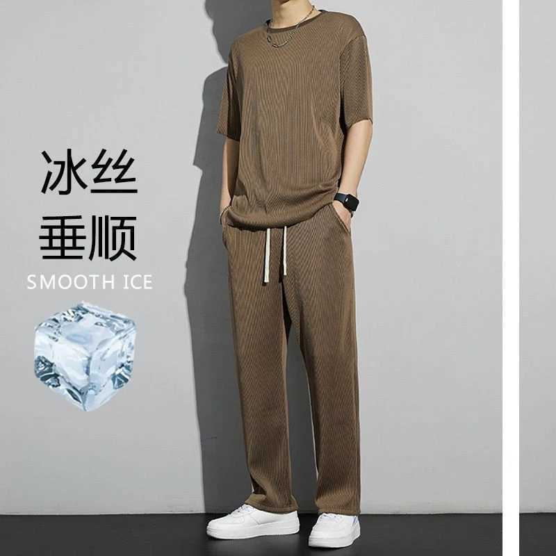 Ice Silk Sports Suit Mens Summer Thin Casual Long Trousers Short-sleeved T-shirt Ins Quick-drying Drooping Clothes Set W250609