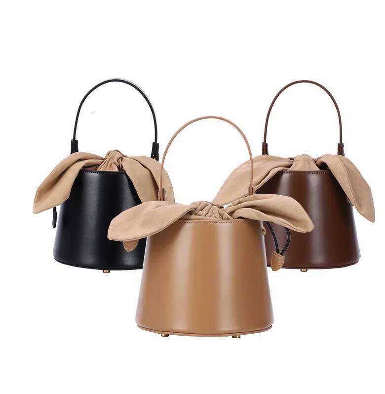 Fashionable Versatile Women's Bucket Bag Genuine Leather 2022 New Style Single Shoulder Handbag With Fleece Rabbit Ears
