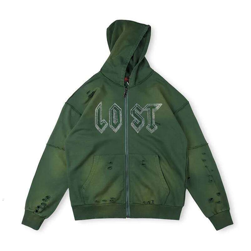 Streetwear Lost Rhinestone Hole Zipper Hooded Jacket Hoodies for Men Washed Baggy Casual Sweatshirts Oversized Cardigan Hoody