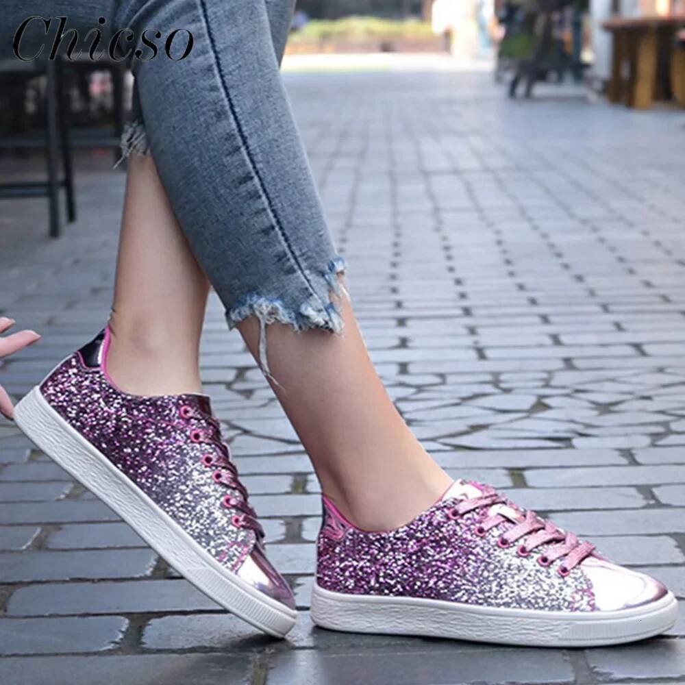 Ddmyoutdoor Spring New Shiny Lace Up Sport Sneakers Large Sized Outdoor Running Walking Casual Sequin Shoes Outdoor Shoes