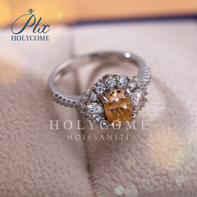 Ready to Ship Elegant Finger Rings VVS Champagne Color Moissanite 925 Sterling Silver Women Party Wedding Engagement Moissanite Ring