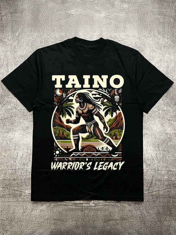 Mens Black 200g Cotton T-Shirt - Taino WARRIORS LEGACY Warrior Heritage Heat Transfer Print Round Neck Short Sleeve X250607