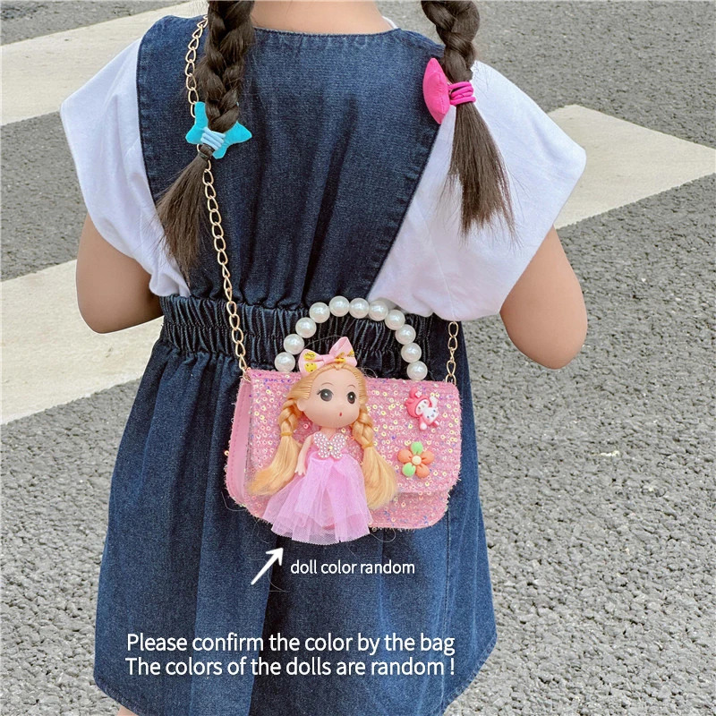 Sweet Princess Small Shoulder Bags Pearl Handle Childrens Chain Crossbody Bag Lovely Doll Baby Girls Handbags Accessories Purse 250605