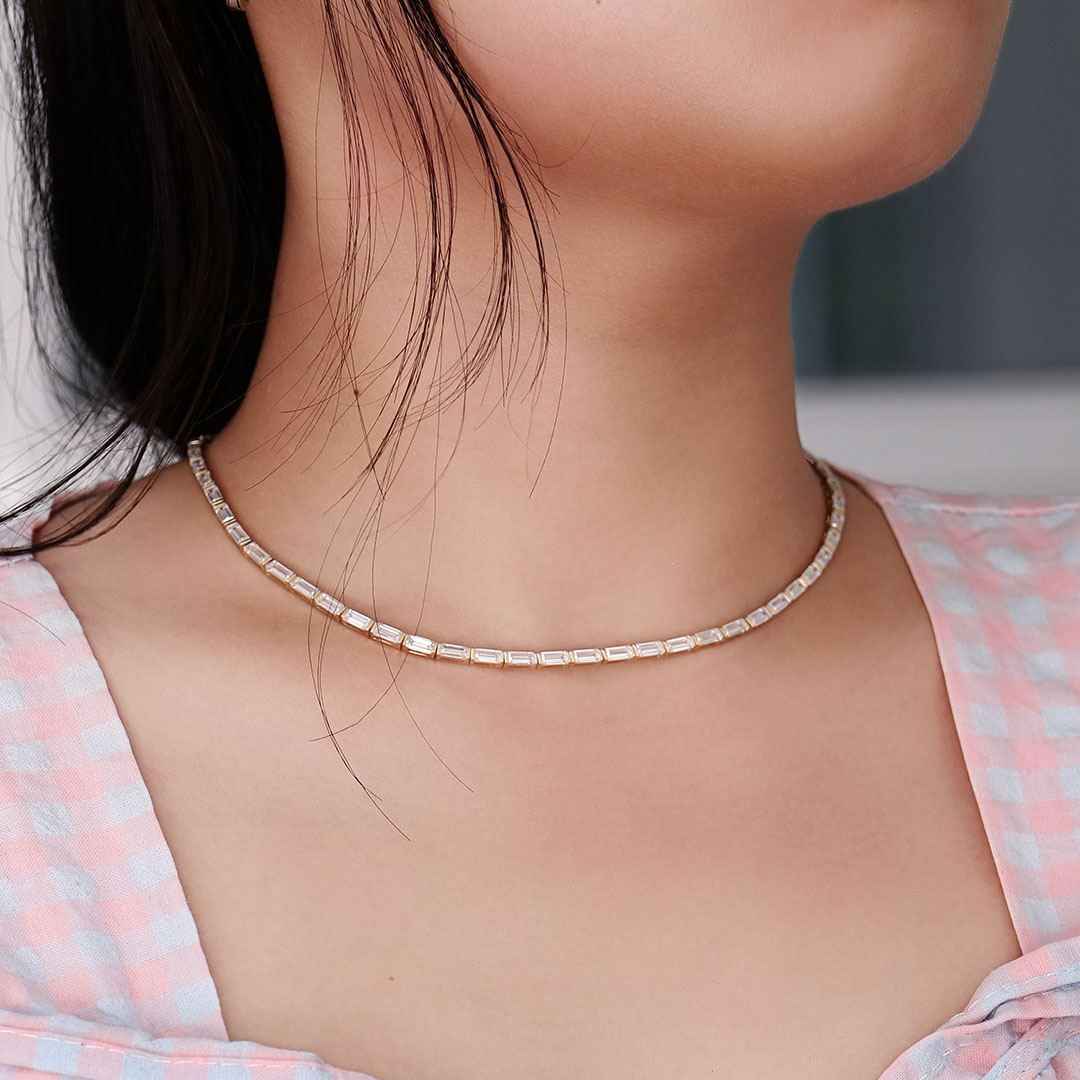 Provence Jewelry Custom Fashion Female Gift Jewelry 2.5mm Solid14K Yellow Gold DEF VVS Lab Grown Diamond Baguette Tennis Necklace for Valentine's