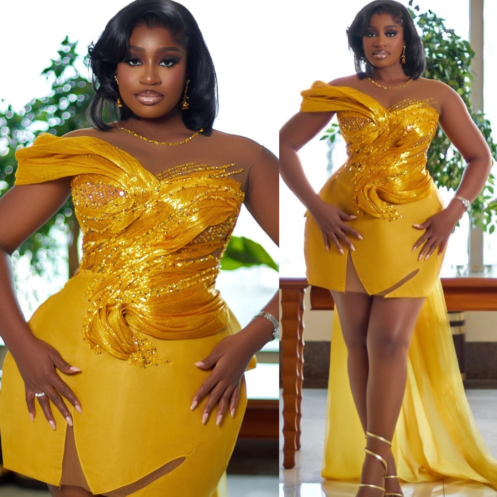 Yellow Sheath Cocktail Dress Beaded Satin Sheer Neck Detachable Train Short Mini Graduation Homecoming Dresses For Special Occasions Sweetheart Gowns