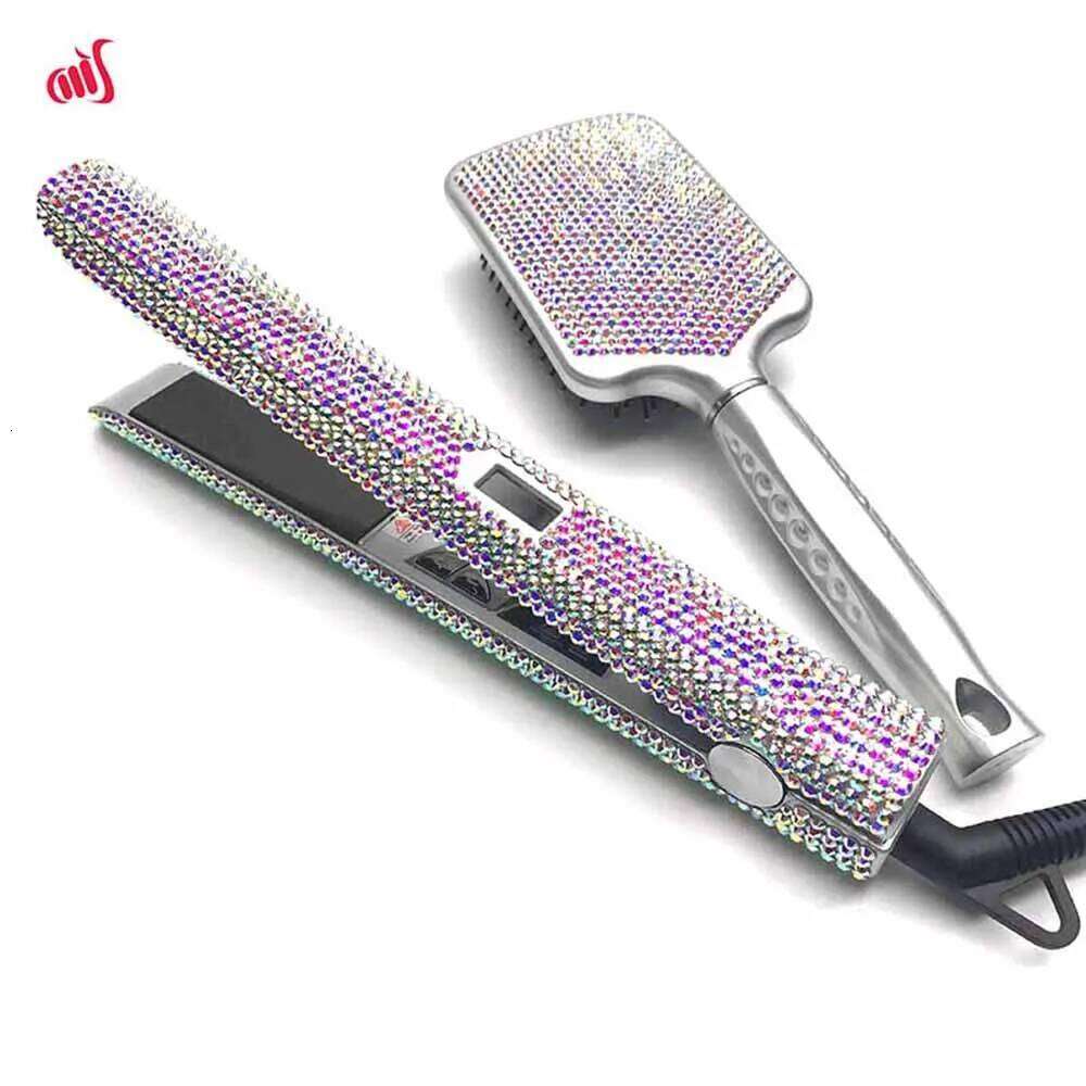 Straightener Iron & Paddle Rhinestone Flat Iron& Massage Brush Kit Planchas Para El Cabello& Cepillo Set