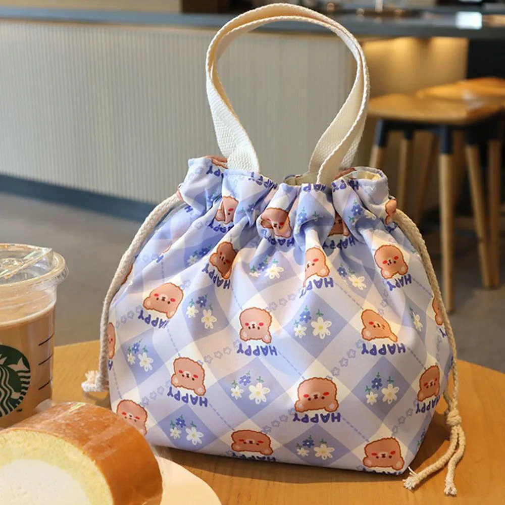 Lunch Bag Cartoon Flowers Canvas Lunch Box Drawstring Picnic Tote Eco Bento Bag Small Handbag Dinner Container Food Storage Bags 250606