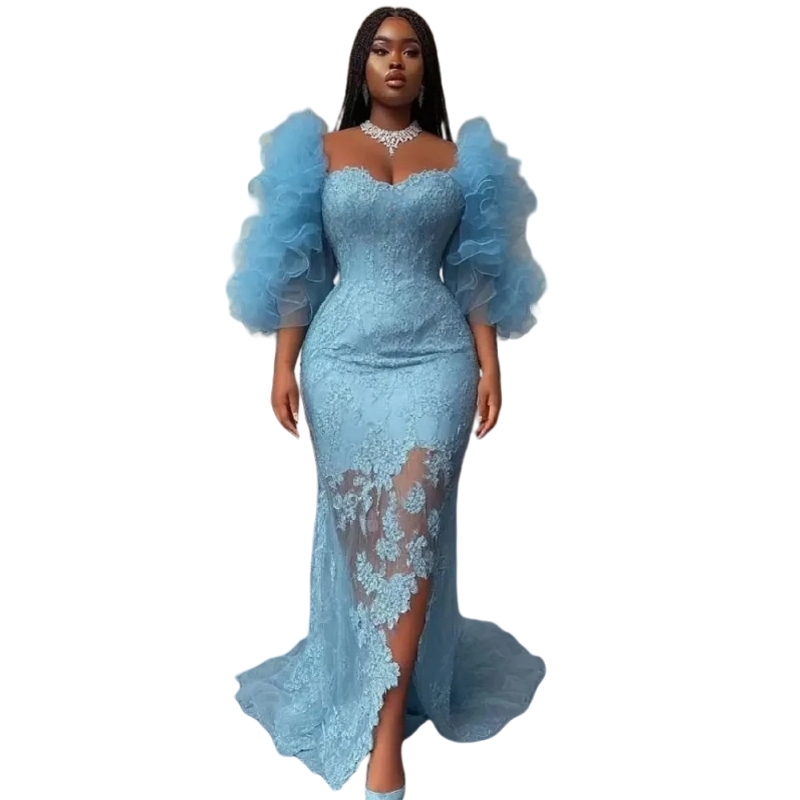 Aso Ebi Lace Prom Dresses With Tiers Tulle Sleeves Appliques Light Sky Blue Evening Gown Side Slit Black Girls Special Occasion Dress Back Lace-Up