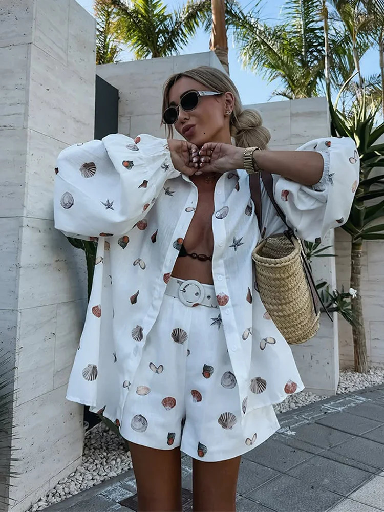 Shell Print Shorts Set Women Loose Lapel Lantern Sleeve Single Breasted Shirt Short Pant 2025 Summer Beach 2 Pieces Lady Outfit 250605