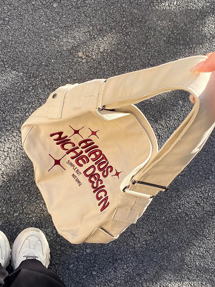 designer Japanese Style Canvas Bag for Female College Students, Ins Lazy Style, Large Capacity, Single Shoulder Crossbody, Niche Embroidered Tote Bag