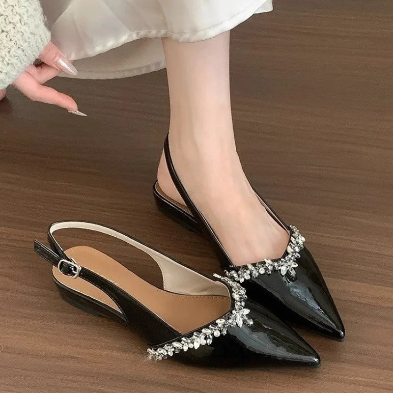 Patent Leather Pointed Toe Rhinestone Baotou Sandals Womens Soft Sole Shallow Mouth Back Empty Single Shoes 250605