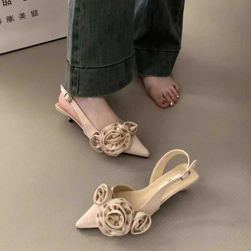 Women Sandal Fashion Flower Ladies Elegant Dress Slingback Shoes Thin Low Heel Dress Mules Pumps 250605