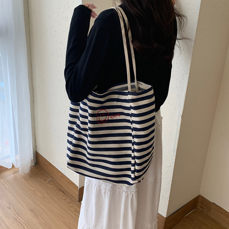 designer Striped Canvas Bag for Women 2025 New Trend Korean Casual Tote Bag Student Large Capacity Shopping Bag
