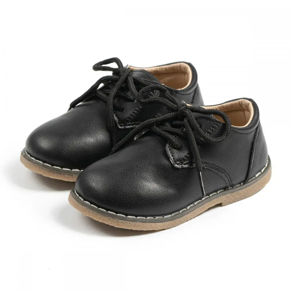 Childrens Fashion Leather Shoes Versatile Casual Shoe Solid Color LaceUp Boys Girls NonSlip Waterproof Rubber Sole 250604z
