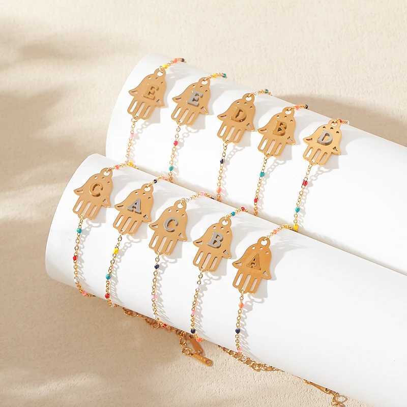 Stainless Steel Women Bracelet 26 Initial Letters A-Z Beads Hamsa Hand Chain Pendant Bangles Anklets Birthday Jewelry Gifts W250606