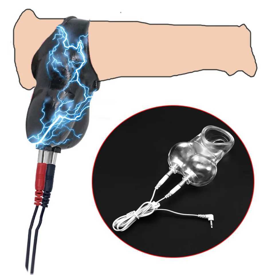 Electric Shock Testicle Stimulator Chastity Cage Male Electro Scrotum Pouch BDSM Bondage Cock Scrotum Sleeve Trainer E-stim Toys XJ250607