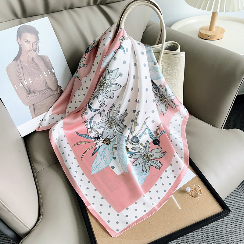 K945 Modern trendy geometric polka dot floral print 70 square scarf new women's fashion decorative temperament imitation silk scarf