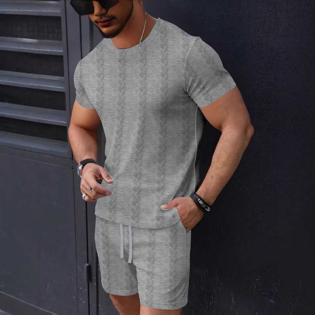 2025 Summer Fashion New Mens Solid Color Jacquard Set Casual Round-Neck Short-Sleeved Drawstring Shorts Two-Piece Set W250609