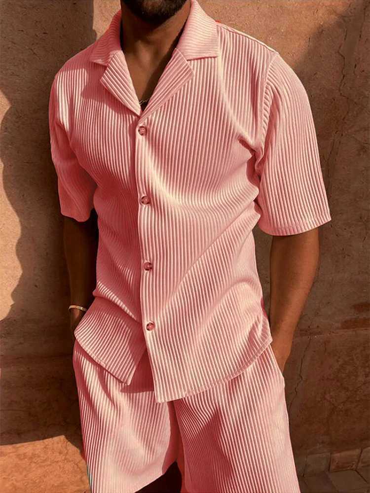 Daily Casual Mens Corduroy Outfits Solid Color Short Sleeve Ribbed Shirt And Shorts Two Piece Suits Men Streetwear Fashion Sets W250609