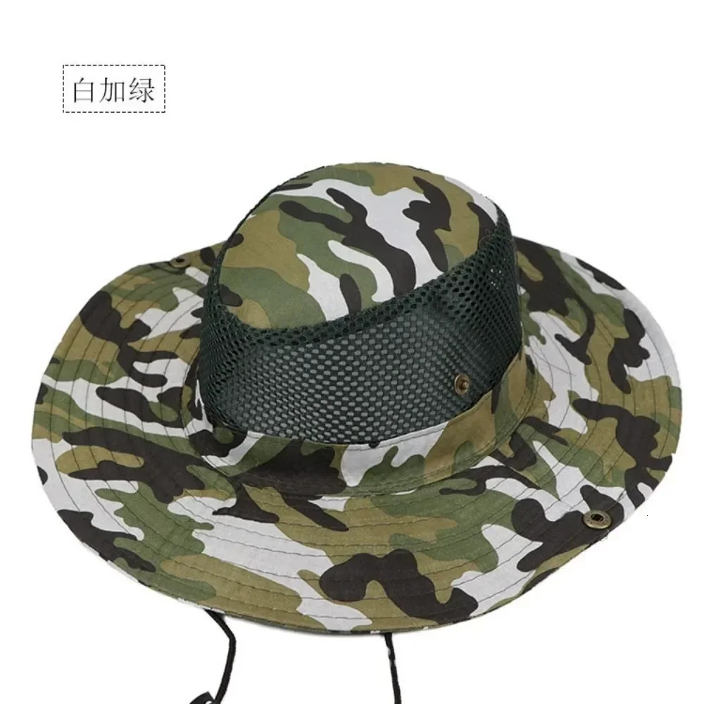 Camouflage Mesh Bucket Hats Wide Brim Beach Hat UV Protection Breathable Hunting Fishing Climbing Hiking Hat Outdoor Men Sun Hat 250605