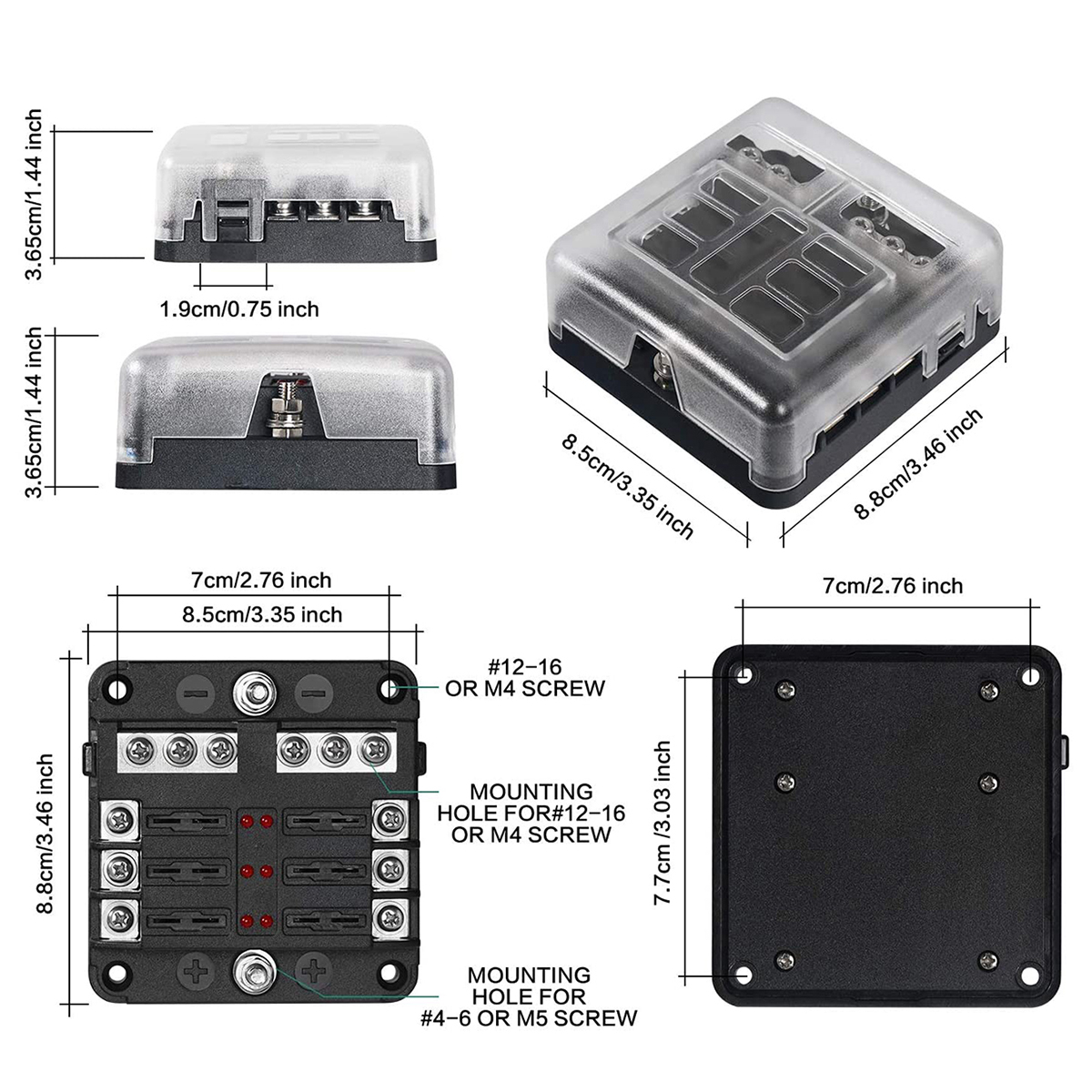 6-way and 12 way fuse holders with fuses, waterproof covers, and LED indicator lights, suitable for 12V/24V cars, trucks, ships, etc