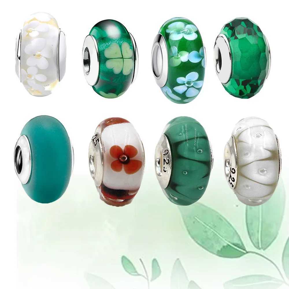 Sterling Silver 925 Green Collection Flower Murano Glass Charm Fit Bracelet Women DIY Jewelry XJ250607