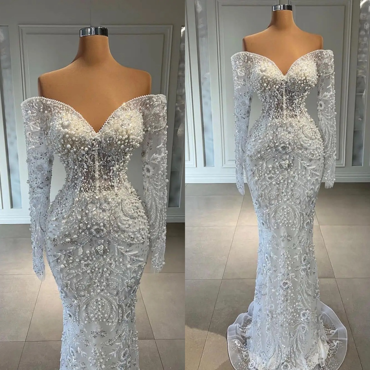 Elegant Pearls Lace Wedding Gowns Applique Beading Bridal Dress Off Shoulder Sequins Long Sleeves Rhinestone Custom Made Sweep Train Vestido de novia