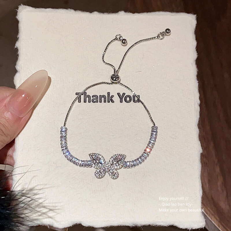 Minimalist Square Zircon Butterfly Pattern Adjustable Bracelet Korean Style Exquisite Design Wristband Commuting Internet Celebrity Jewelry for Women