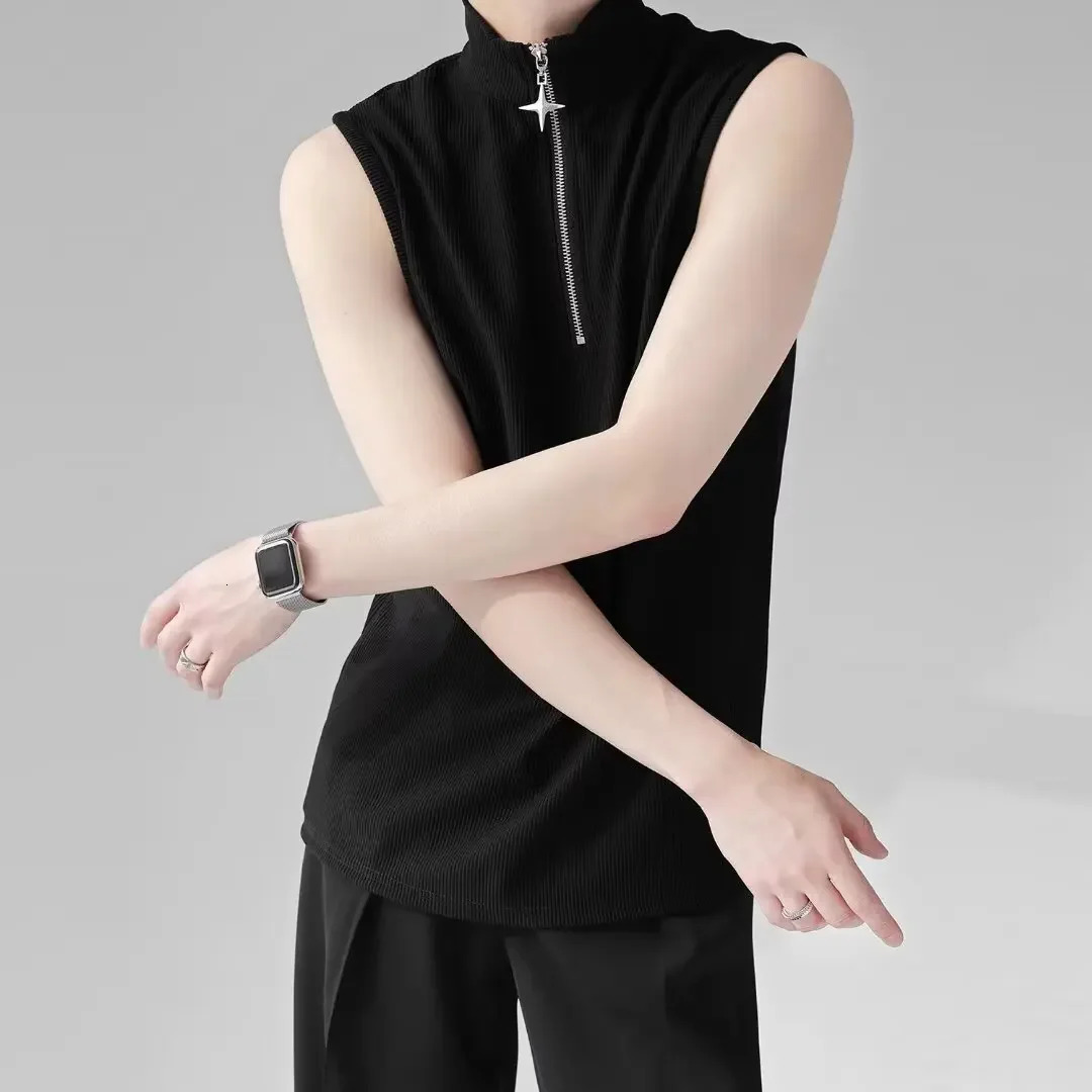 Mens Solid Color Sleeveless Tshirt Summer Korean Style Trendy Sport Casual Creased Vest Shoulder Clothing 250527