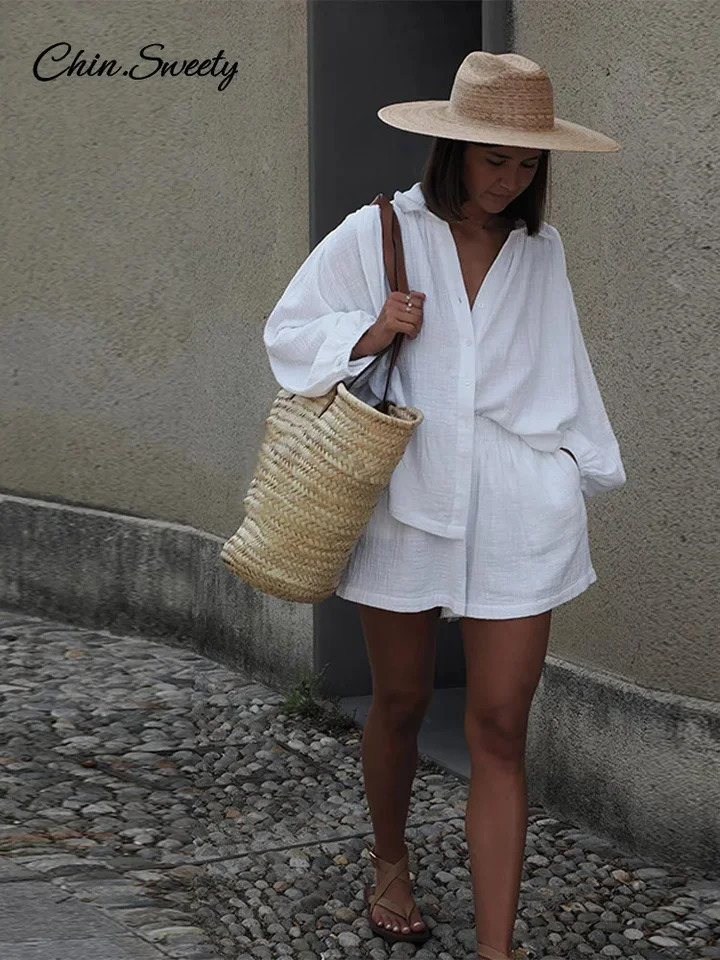 Solid Cotton Linen Button Shirt Set For Women Casual Elastic Waist Wide Leg Short Pants Suit 2025 Summer Daily Commute Outfit 250605
