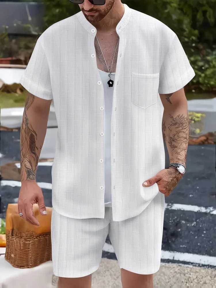 2025 Summer Hot Mens Fashion Henry Collar Jacquard Pocket Shirt Daily Casual Solid Color Drawstring Shorts Beach Two-Piece Set W250609